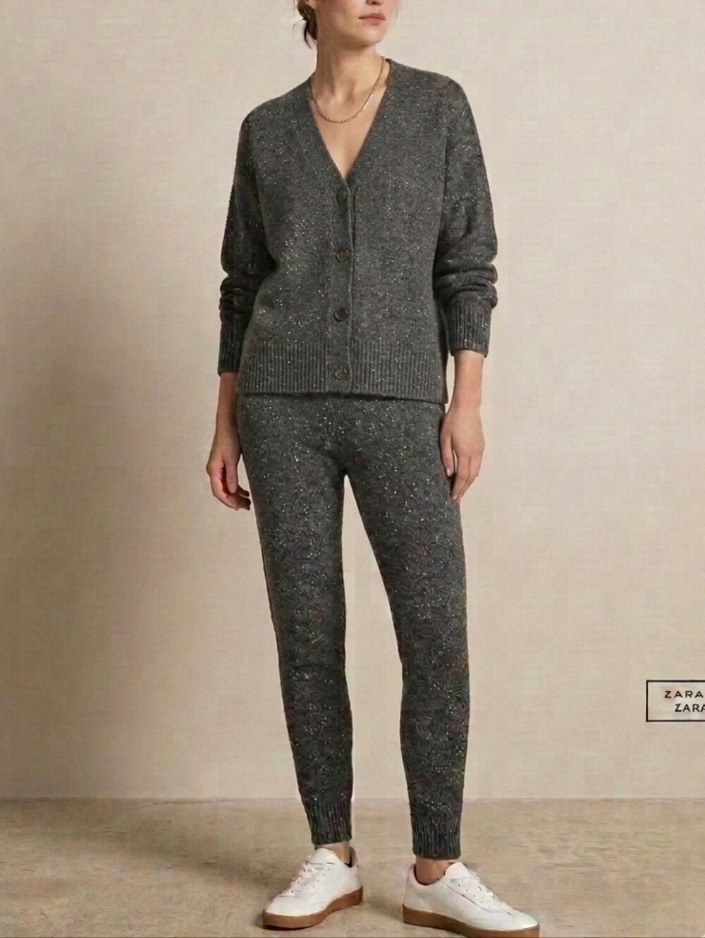 Zara Charcoal Speckled Knit Set- Leggings & Cardigan Size S